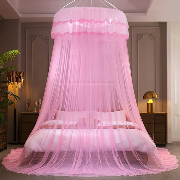 Deeceymbur Mosquito Net for Bed Canopy Princess Style Ceiling Mounted Dome No Installation Foldable Bed Curtain with Lace Ruffles for Queen King Bedroom Decor