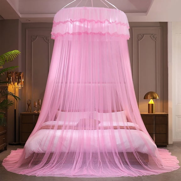 Deeceymbur Mosquito Net for Bed Canopy Princess Style Ceiling Mounted Dome No Installation Foldable Bed Curtain with Lace Ruffles for Queen King Bedroom Decor
