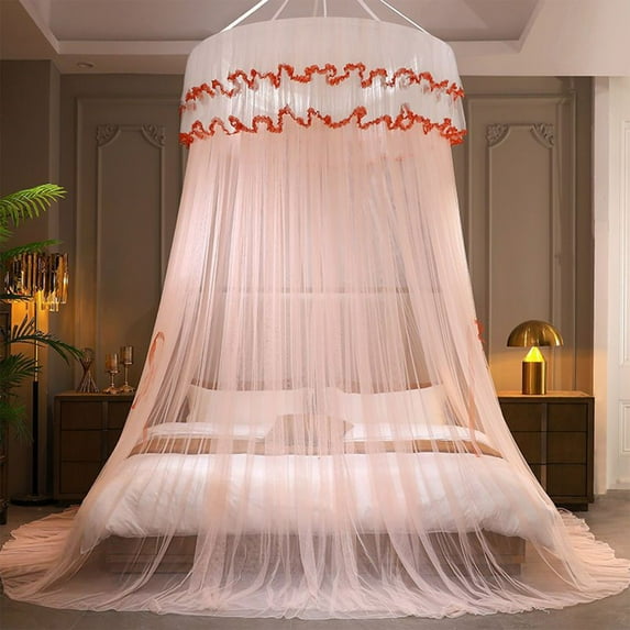 Deeceymbur Mosquito Net for Bed Canopy Princess Style Ceiling Mounted Dome No Installation Foldable Bed Curtain with Lace Ruffles for Queen King Bedroom Decor