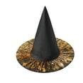 thumbnail image 1 of Deeceymbur Multi Color Fabric Witch Hat Halloween Pointed Top Curved Brim Gold Ribbon Decoration 12.99x14.96in, 1 of 6