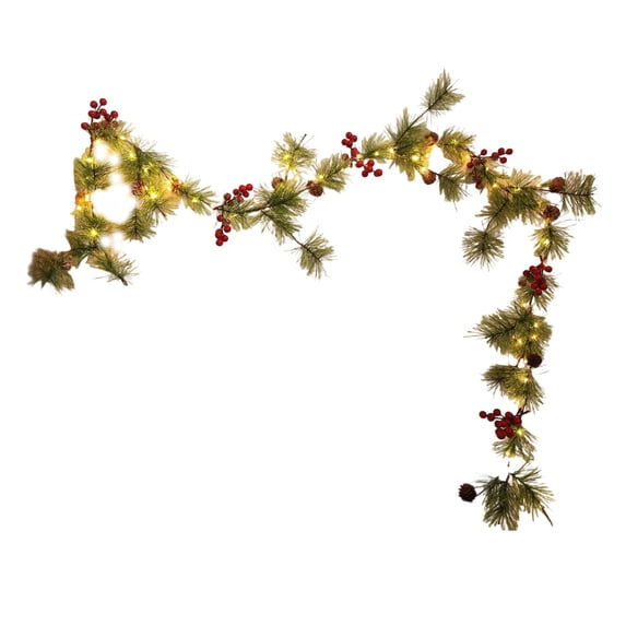 Deeceymbur Plug In Christmas Garland Decorative Light String 118.1in with Pines Cones Red Berries Holiday Party Home Decor