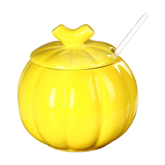Deeceymbur Pumpkin Shaped Ceramic Jar Heat Resistant Tea Canister with Lid and Spoon for Spices Soup Mix Storage Holiday Decor Gift Idea