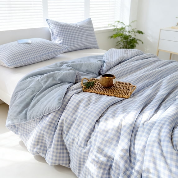 Deeceymbur Pure Cotton Plaid Quilt Lightweight Summer Blanket Twin Full Size Cooling Coverlet for Bedroom Sofa Machine Washable