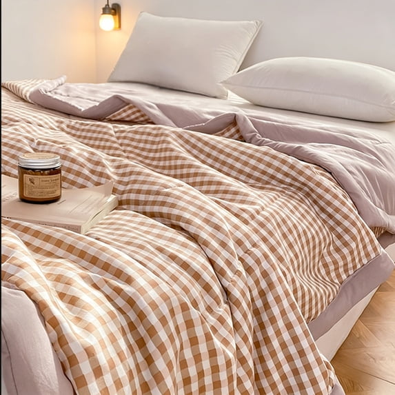 Deeceymbur Pure Cotton Plaid Quilt Lightweight Summer Blanket Twin Full Size Cooling Coverlet for Bedroom Sofa Machine Washable