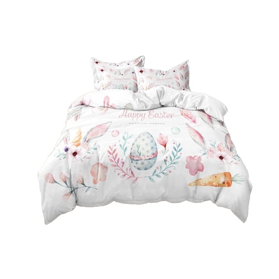 Deeceymbur Queen Size 3 Piece Easter Duvet Cover Set Bunny Rabbit Egg Print with Pillowcases Soft Home Textiles