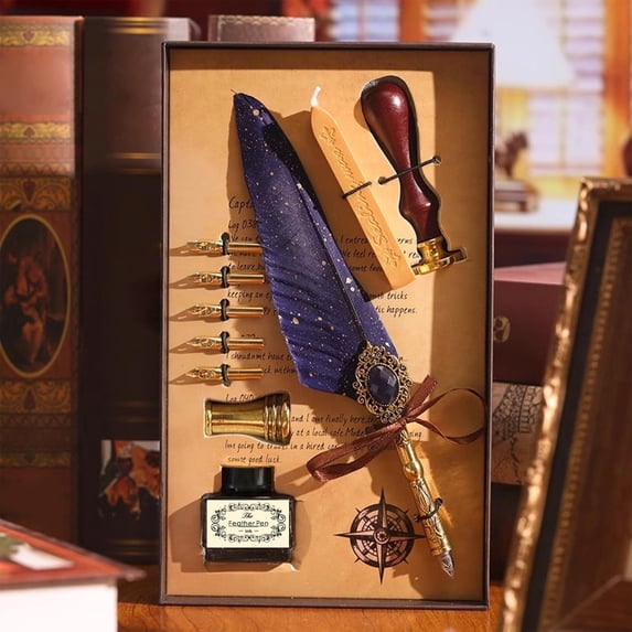 Deeceymbur Quill Pen Set 15ml Ink 5 Nibs Calligraphy Writing Dip Pen Gothic Outlining Seals Pen Stand