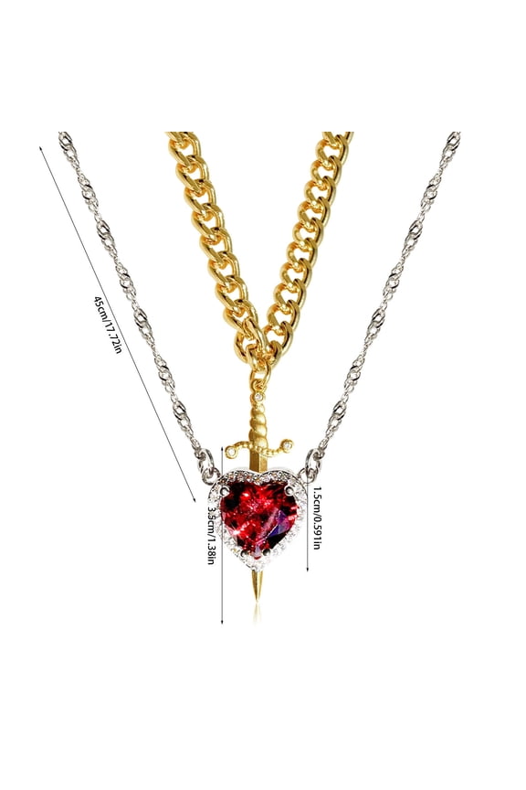 Red Crystal Heart Dagger Pendant Layered Necklace with French Women Collarbone Chain Statement Jewelry Gift for Her