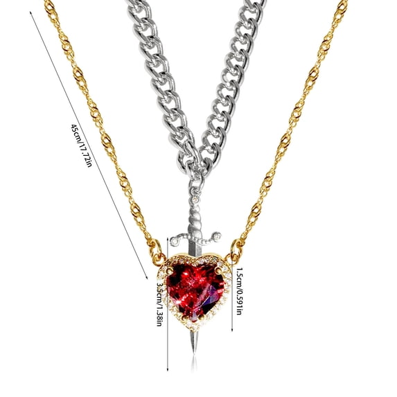 Deeceymbur Red Crystal Heart Dagger Pendant Layered Necklace with French Women Collarbone Chain Statement Jewelry Gift for Her