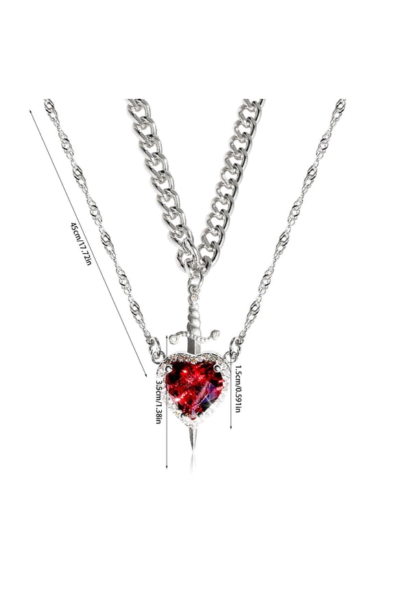 Red Crystal Heart Dagger Pendant Layered Necklace with French Women Collarbone Chain Statement Jewelry Gift for Her