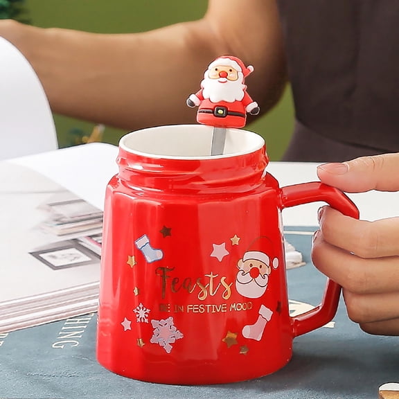 Deeceymbur Santa Claus Ceramic Drinking Cup Complete Set with Lid Spoon Gift Box Included 2.6x4.1in