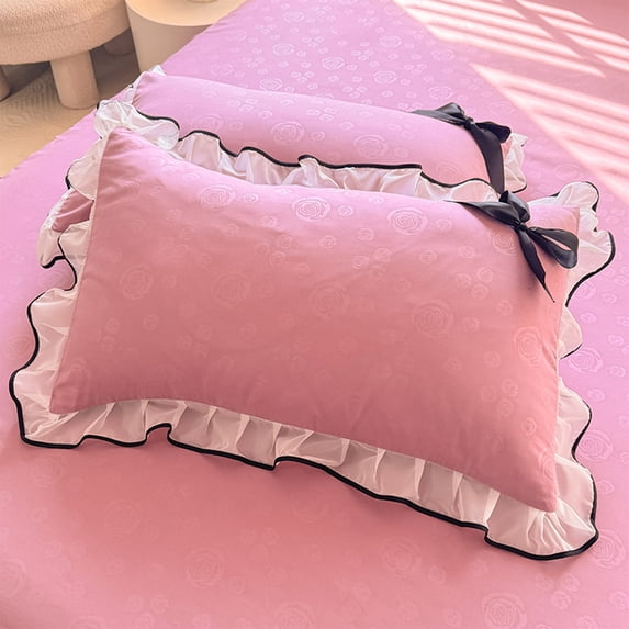 Deeceymbur Set of 2 Decorative Ruffled Lace Bows Rose Print Pillowcases Polyester for Bedroom Home Comfortable Sleep Gift