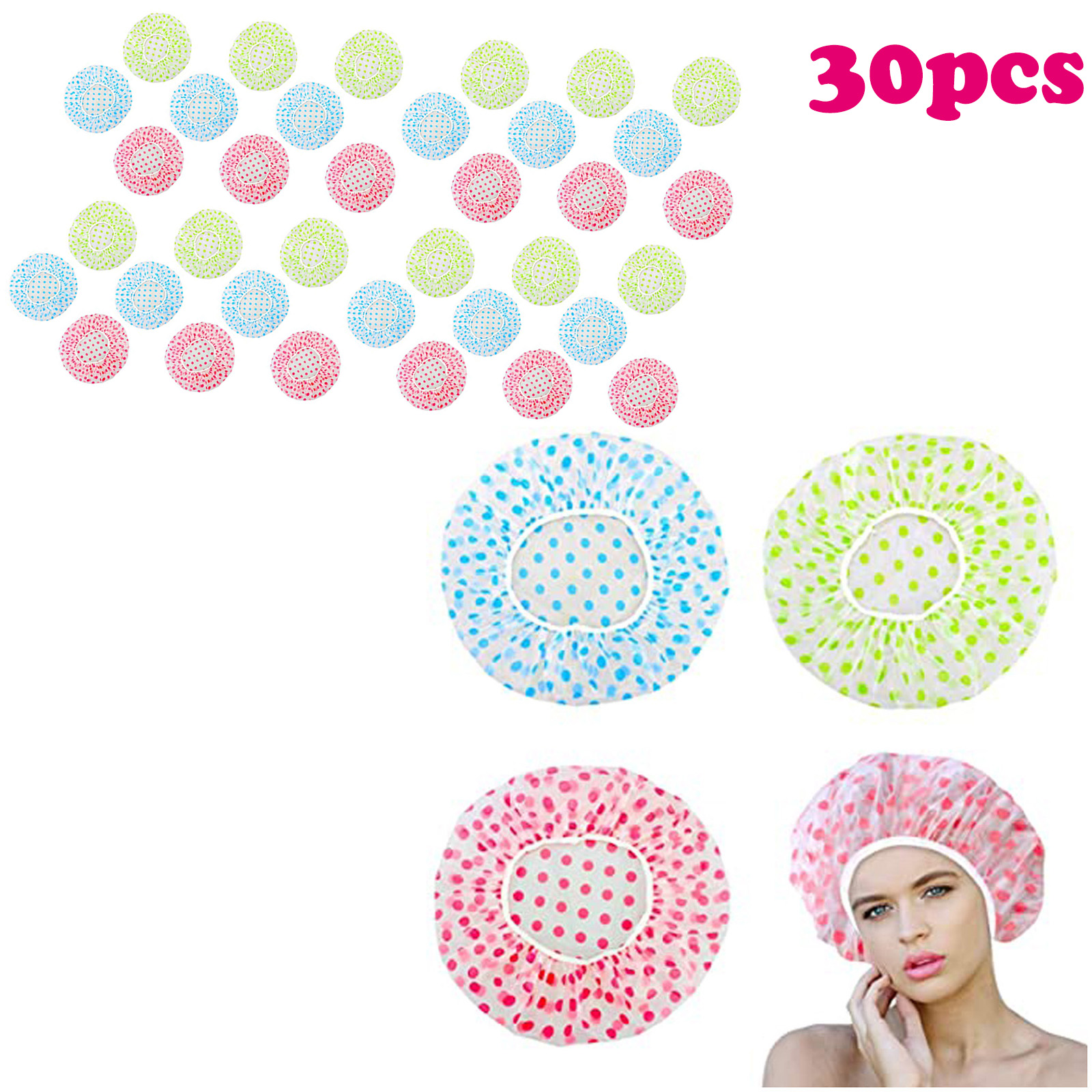Deeceymbur Shower Cap for Women, 30pc Dotted Adult Bath Caps – Cute Avoid-Slip Large Size for Daily Hair Care, Shower & Spa Use