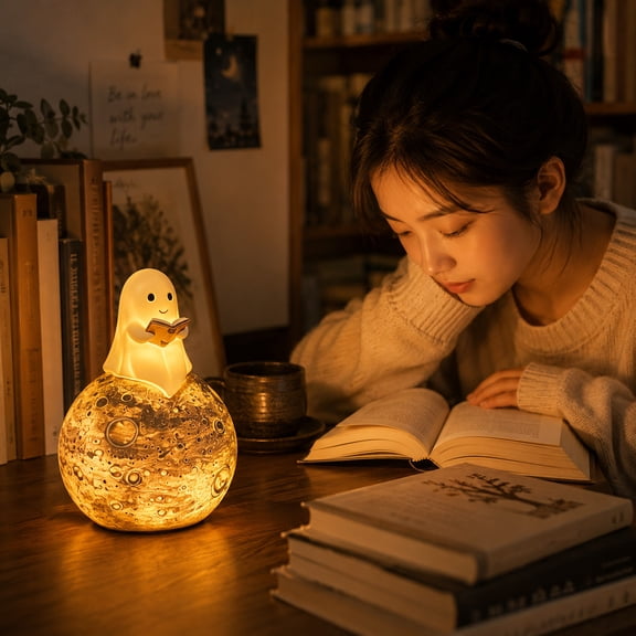 Deeceymbur Smiling Ghost Resin Led Night Light Warm Glow Bedside Table Halloween Decor