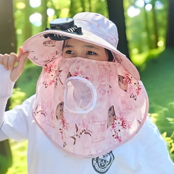 Deeceymbur Solar Fan Hat Fishing Hat Visor Hat for Womens Wide Brim Mask Cover and Neck Protect Mesh Breathable Summer UV Protection Visor Solar Powered and USB Charging Sun Hats