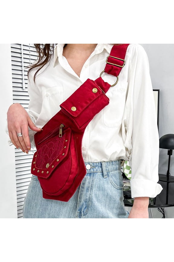 Steampunk Vintage PU Leather Waist Crossbody Sling Bag with Studs Rivets for Women Motorcycle Riding Music Festival Travel Outdoor