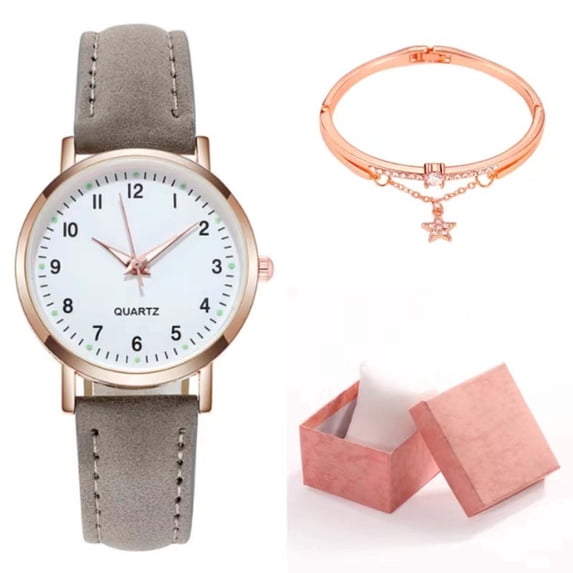 Deeceymbur Vintage Quartz Watch for Women Luminous Dial Leather Strap Small Round Retro Fashion Wristwatch with Bracelet Gift Box