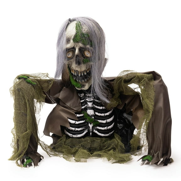 Deeceymbur White Haired Zombies Bust with Motion Detection Moving Parts Glowing Eyes Battery Operated Spooky Halloween Display 11.81x14.96in