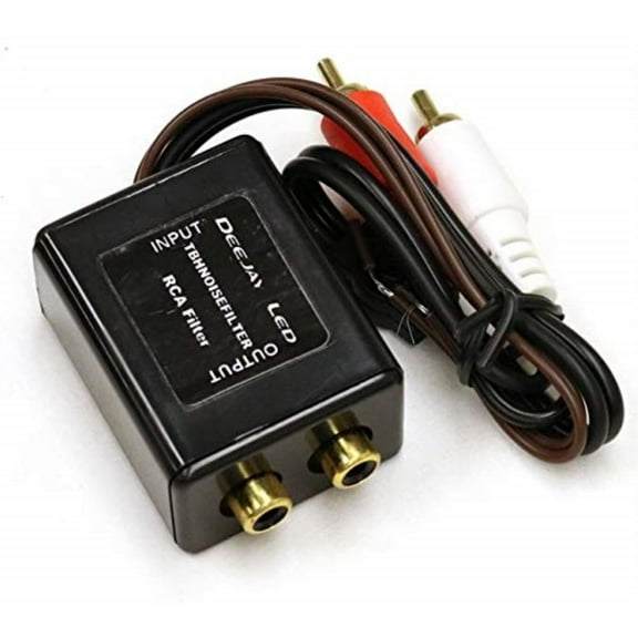 RCA Ground Loop Isolation Noise Filter for use with car stereos where a whistle noise is heard