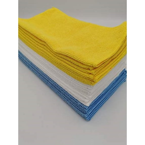 DEEJAYLED Microfiber Cleaning Towel - 25 Pieces All Purpose Super Absorbent and Ultra Soft Non-Abrasive TBHMICROFIBER Blue, Yellow, and White