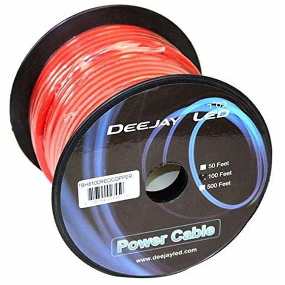 Eight-gauge 100 Foot Red Copper Stranded Power Cable Content Oxygen Free Copper Stranded Wire Style With Thick Black Outer Jacket Power Rating DEEJAY LED TBH8100REDCOPPER