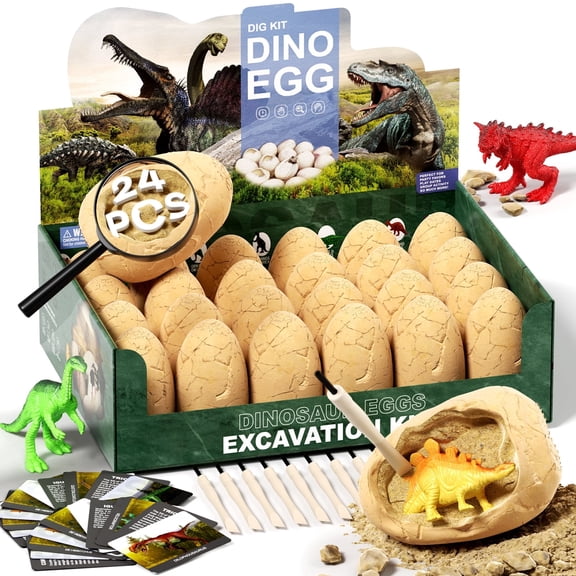 Deejoy Dinosaur Egg Dig Kit, 24 Plaster Eggs with Tools and Cards, Dinosaur Party Favors for Kids Ages 3 