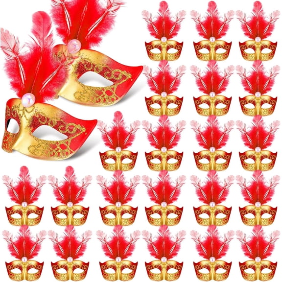 Deekin 24 Pcs Mini Masks Masquerade Small Masquerade Mask Cake Toppers Decorative Mardi Gras Venetian Party Decoration(Red)