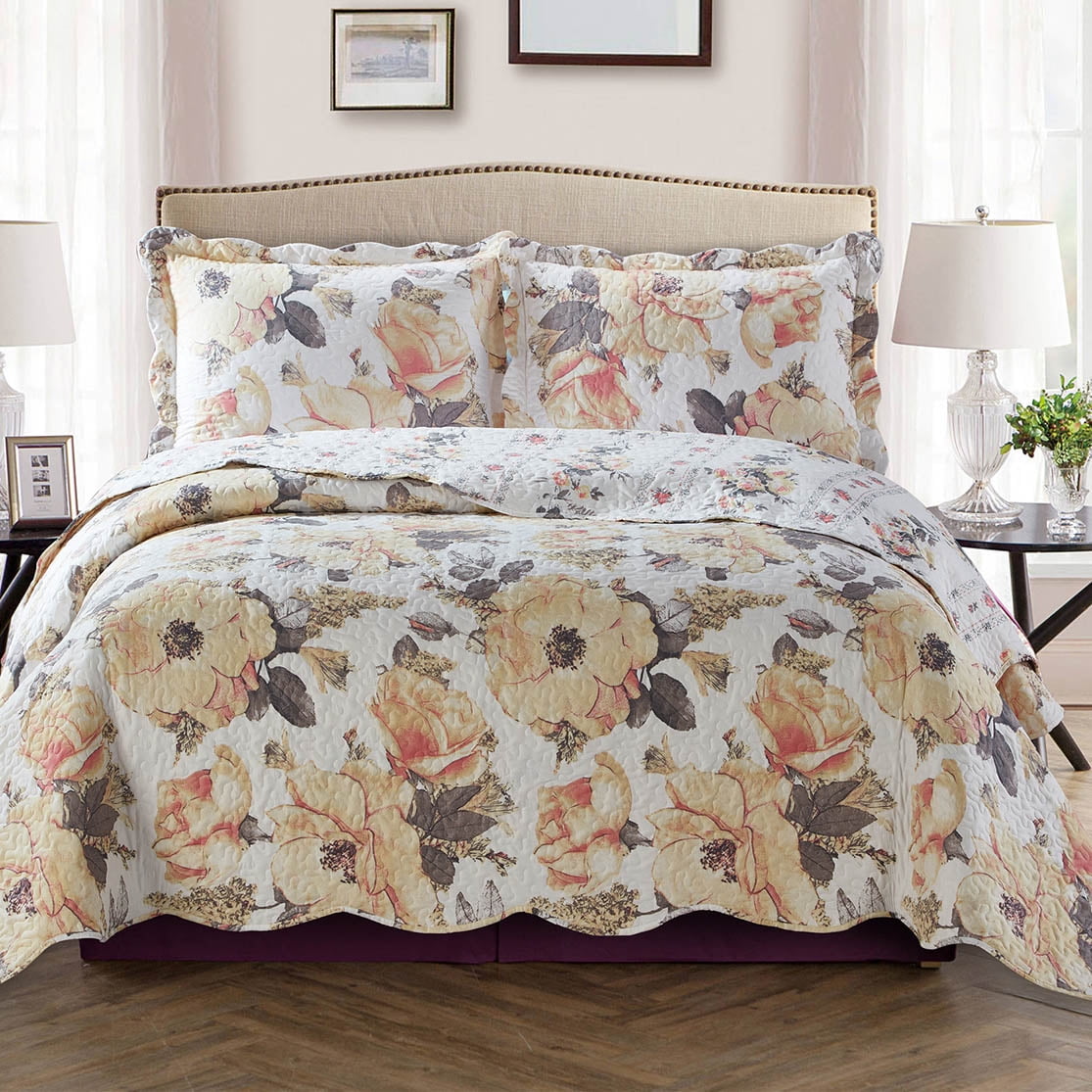 Deema Oversize Coverlet Floral Luxury Print Reversible Wrinkle-Free Set ...
