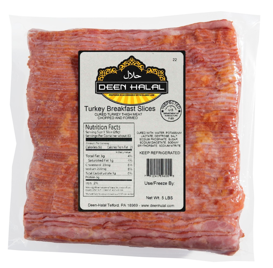Deen Halal Turkey Breakfast Bacon Slices 5lbs Premium Halal Option