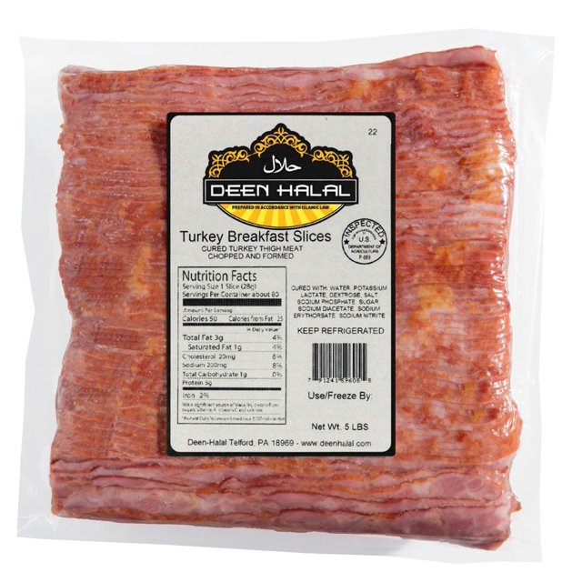 Deen Halal Turkey Breakfast Bacon Slices 5lbs Premium Halal Option