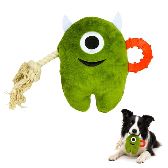 Deeow Dog Plush Squeaky Chew Toy - Monster Shaped, TPR Carry Loop & Cotton Rope Interactive Tug Toy, Puppy Teething Play Toy for Small Medium Dogs Green