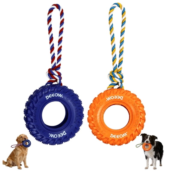 Dog Tire Toy 2-Pack with Detachable Rope for Aggressive Chewers, Heavy-Duty Natural Rubber Treat-Dispensing Chew Toys for Tug & Fetch, Medium & Large Dogs & Puppies, Blue & Orange