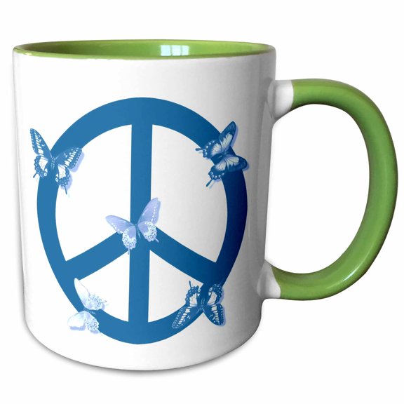 3drose, Deep Aqua Blue Butterflies Peace Sign- Inspirational Art, 11oz Two-tone Green Mug