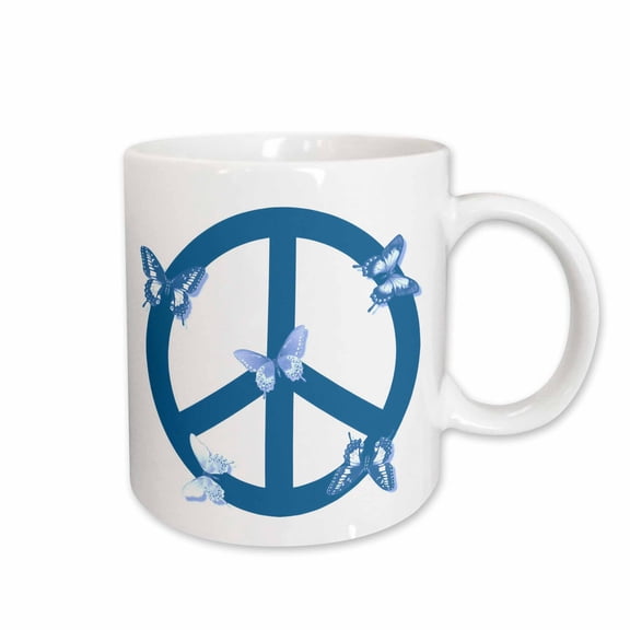 3drose, Deep Aqua Blue Butterflies Peace Sign- Inspirational Art, 15oz Mug