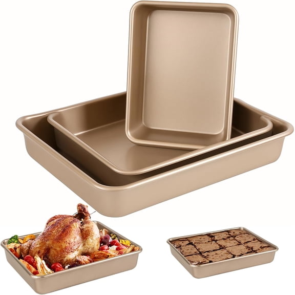 Deep Baking Pans Set 3-Pieces Rectangle Cake Pan Nonstick Roasting Pans Set for Thanksgiving Christmas 9/11/13 Inch Toaster Oven Tray Bakeware Set Lasagna Pan Deep Size Heavy Duty Gold