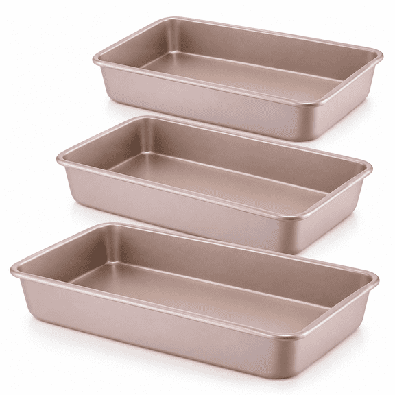 Deep Baking Pans Set of 3, Stainless Steel Sheet Cake Pan Nonstick Rectangle Cake-Baking Sheet, Metal Oven Tray 13/11/9 Inch for Cake Lasagna Brownie Casserole Cookie, Golden