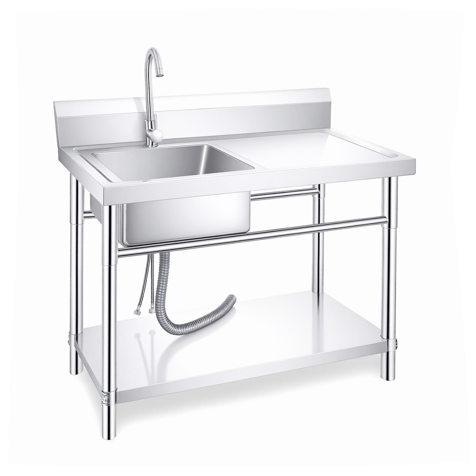 Space-Saving Silver Stainless Steel Commercial Single Bowl Sinks, Utility Sink Laundry Sink Kitchen Sink with Workbench Hot & Cold Plumbing Drain Kit for Cafe Restaurant Laundry