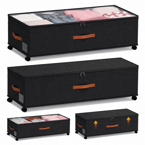 Deep Black 35.5 Inch Rolling Under Bed Storage Containers 2 Pack For Clothes Shoes Blankets