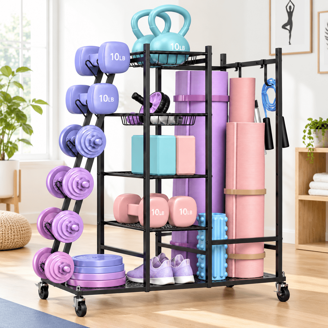 Deep Black All-In-One Mobile Home Gym Storage Rack for Dumbbells and ...