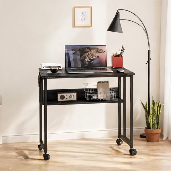 Deep Black MDF Steel Foldable Writing Desk with Drop Leaf and Casters, 31.5 W