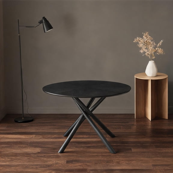 Deep Black Round Multipurpose Table, Indoor Dining Leisure Use, MDF Top Iron Cross Base, 4-Seat 47.25 Inch