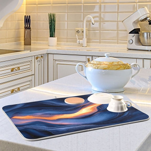 Deep Blue Abstract Shapes Dish Drying Mats for Kitchen Counter Absorbent Microfiber Coffee Pad