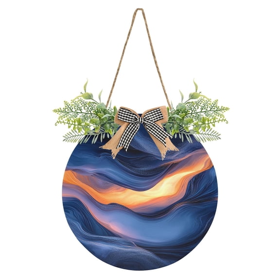 Deep Blue Abstract Shapes Front Door Porch Decoration Hanging Sign with Artificial Green Plants and Bow for Home Outdoor Indoor