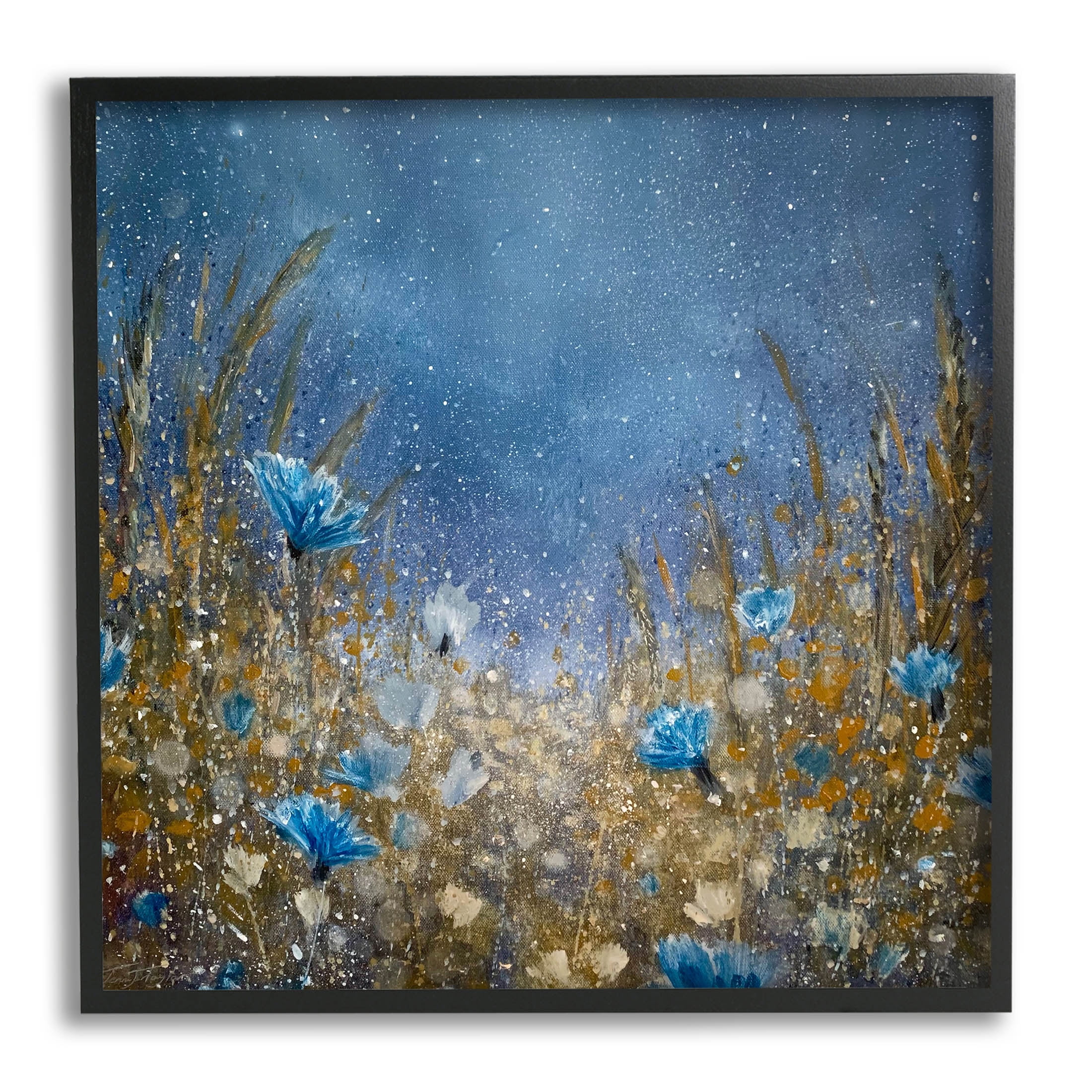 Deep Blue Botanical Meadow Grass Landscape Painting Black Framed Art Print Wall Art