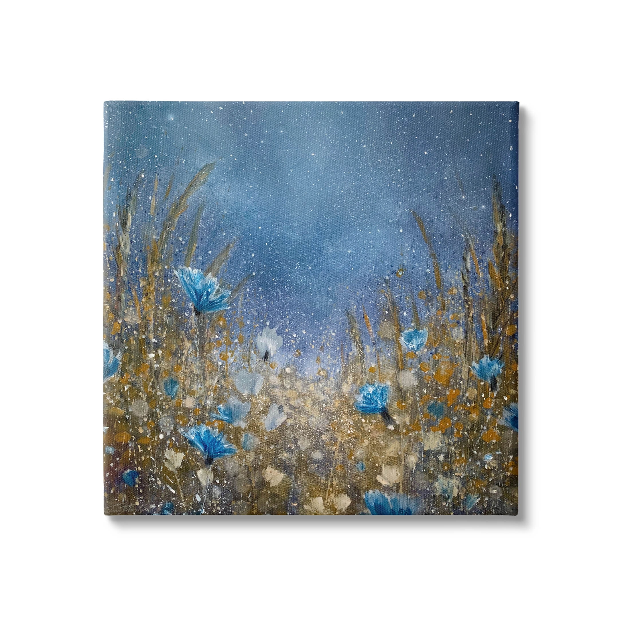 Deep Blue Botanical Meadow Grass Landscape Painting Gallery Wrapped Canvas Print Wall Art