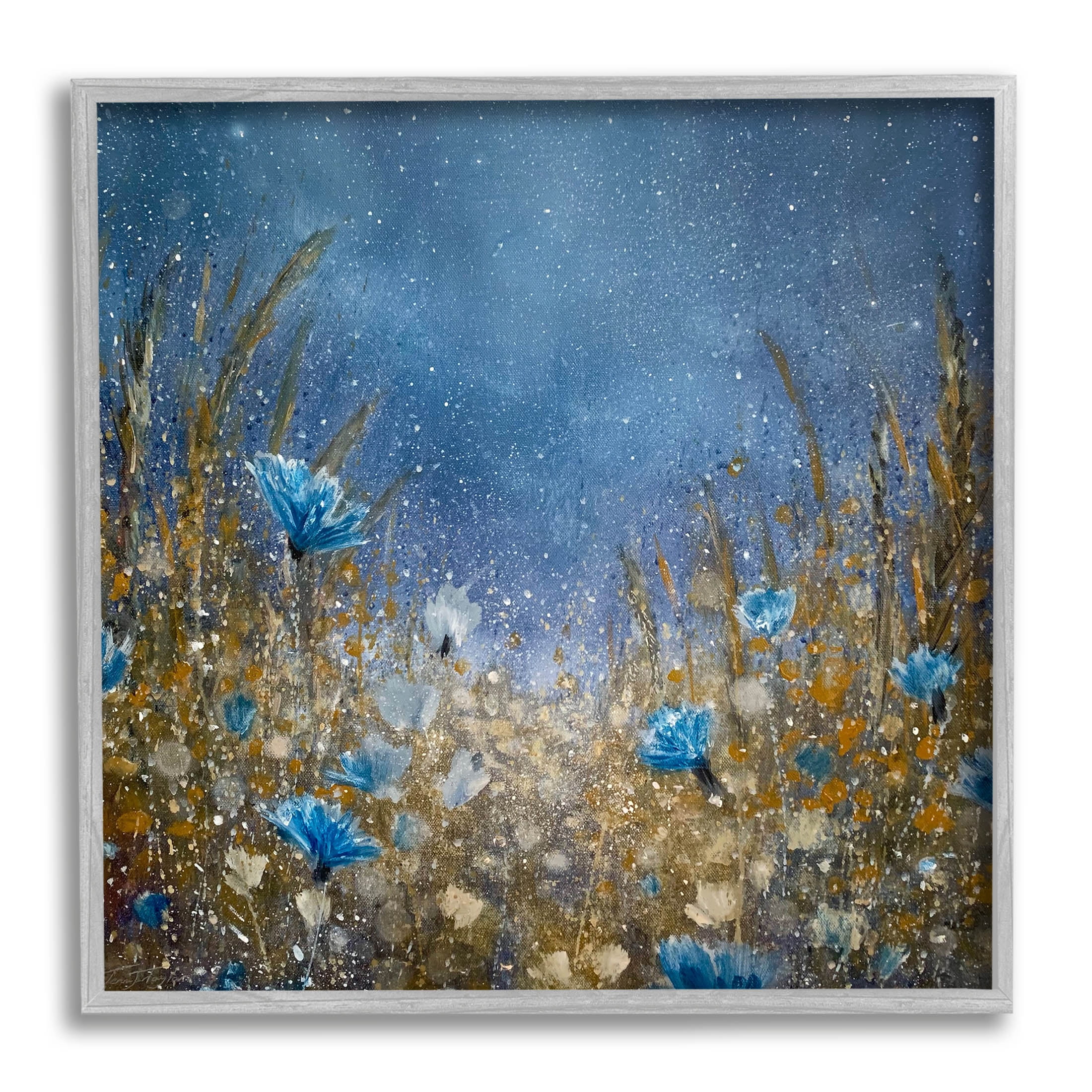 Deep Blue Botanical Meadow Grass Landscape Painting Gray Framed Art Print Wall Art