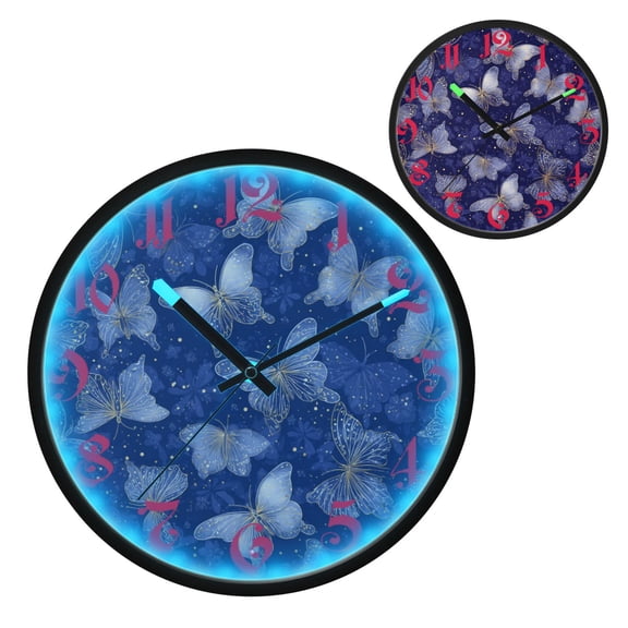 Deep Blue Butterfly Luminous Wall Clock with Sound-Activated LED 12-Inch Silent Acrylic Timepiece for Bedroom Livingroom or Office