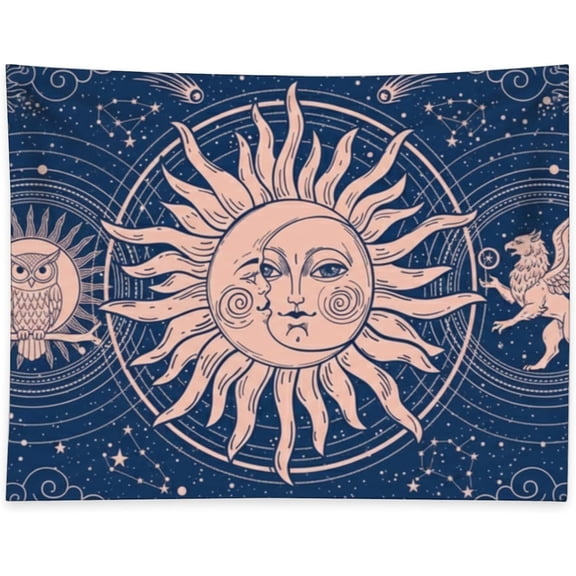 Deep Blue Celestial Sun Moon Tapestry Wall Art Owl Griffin with Constellations Wall Hanging Mystical Decor Bohemian Art Boho Aesthetic Tapestry for Bedroom Dorm Living Room Decor 40 x 30 Inch