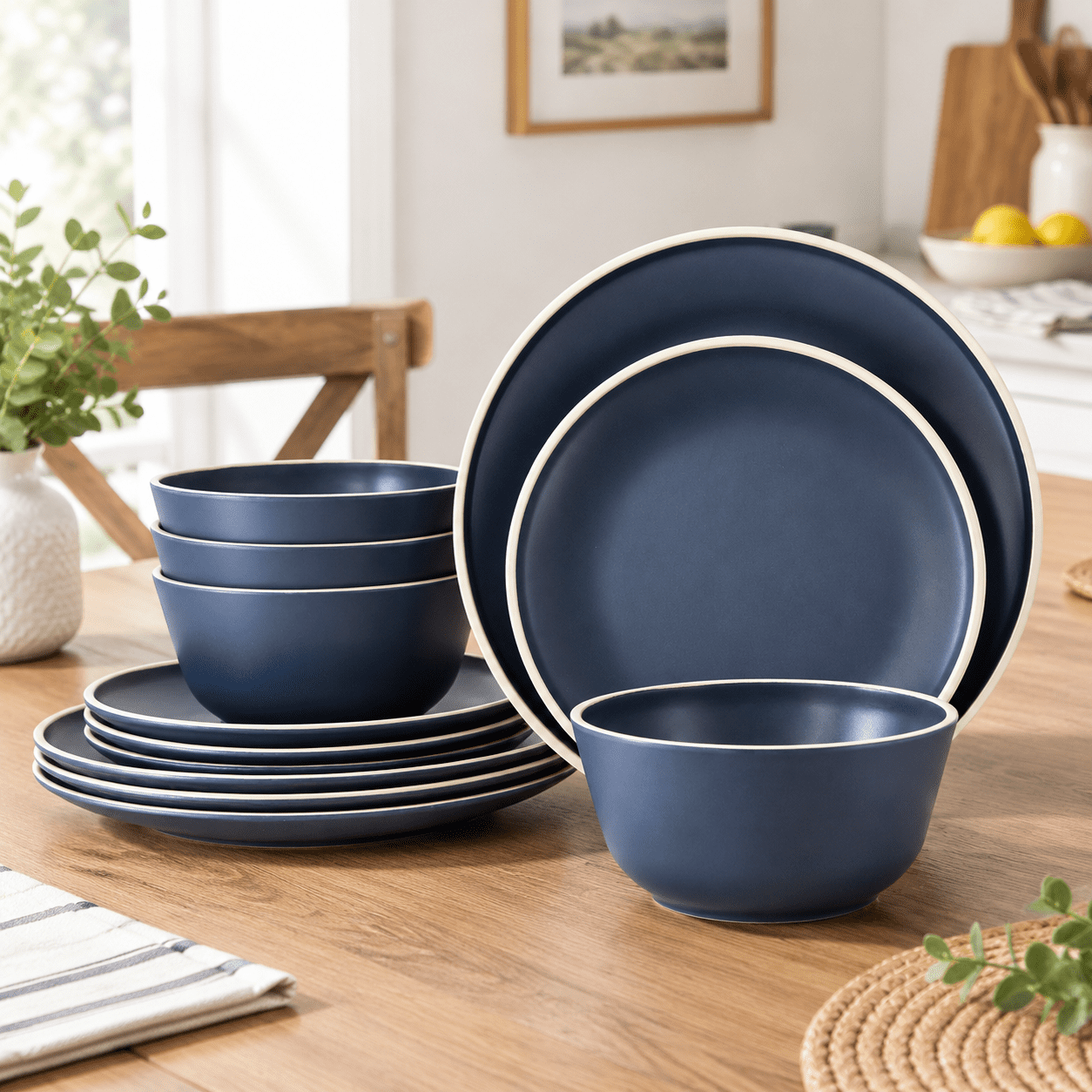 Main Course Dinner Set Deep Blue Dinnerware Set for 4, 12-Piece Indoor Outdoor Dish Set ...