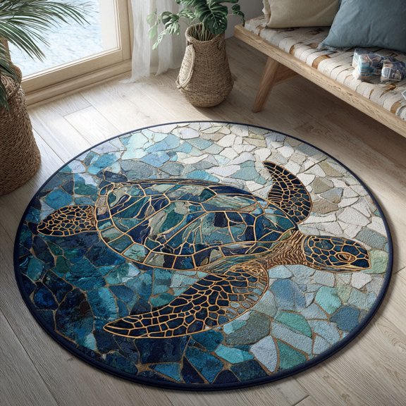 Deep Blue Drift Quilted Round Mat, Ocean Wave Round Floor Mat, Coastal Theme Home Decor Rug, Quilted Area Carpet for Bedroom Living Room