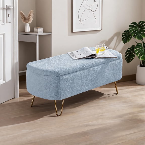 Deep Blue Faux Fur Flip Top Storage Ottoman Bench, Gold Metal Legs, Seats 2, Modern Contemporary Bench for Bedroom and Entryway